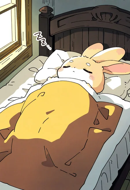 (masterpiece, best quality, high quality, highres), very awa, highres, absurdres,
(naguru \(cyoroama\), (chii-kun \(seedyoulater\):0.7), 
(bunny:1.1),
(no humans:1.1), (cute:1.2), comfy, solo, cozy,
sleeping, cozy room, indoors, on bed, under the blanket, zzz, on back, sunny day,