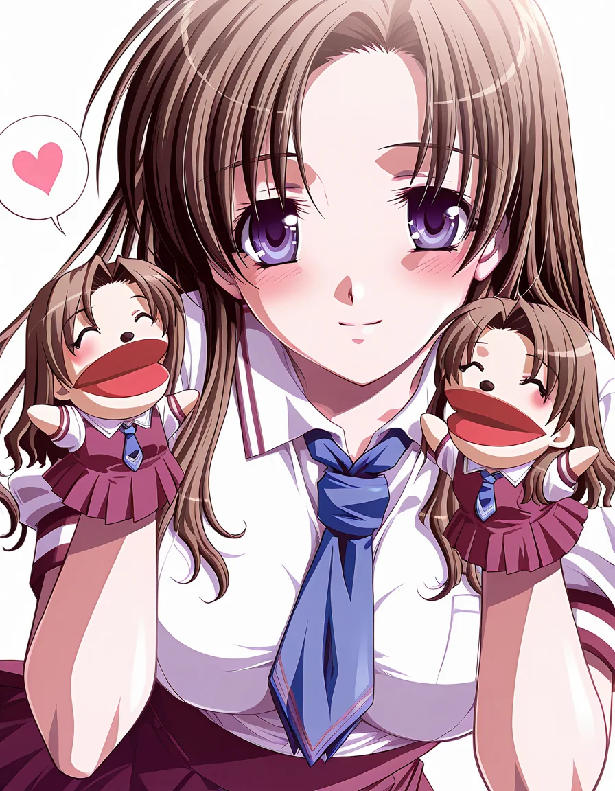masterpiece, best quality, amazing quality, official art, ultra highres, very aesthetic,
1girl, solo, shizutani_shion, long hair, brown hair, blue eyes,
school uniform, skirt BREAK
light smile, blush, looking at viewer, spoken heart
standing, hppt,hand puppet, happy aura, ^ ^,
simple background, white background, upper body, deep contrast of light and dark, highly detailed
<lora:shizutani shion v1.0-000011:1> <lora:hand_puppet_IL_v1:1>