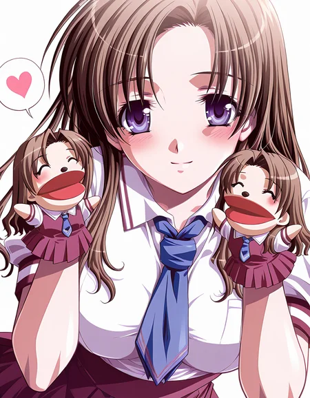masterpiece, best quality, amazing quality, official art, ultra highres, very aesthetic,
1girl, solo, shizutani_shion, long hair, brown hair, blue eyes,
school uniform, skirt BREAK
light smile, blush, looking at viewer, spoken heart
standing, hppt,hand puppet, happy aura, ^ ^,
simple background, white background, upper body, deep contrast of light and dark, highly detailed
<lora:shizutani shion v1.0-000011:1> <lora:hand_puppet_IL_v1:1>