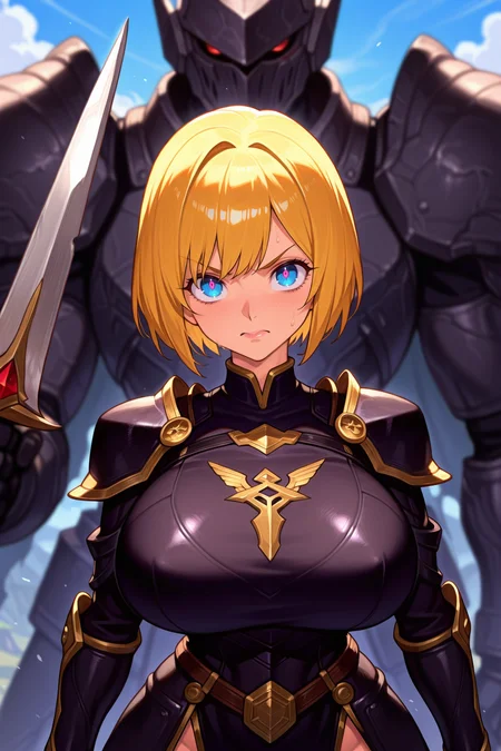 masterpiece, best quality, amazing quality, very aesthetic, absurdres, newest,
BREAK
<lora:[Artstyle] SomethingWeird_Geekpower [IL]:1> 1girl, skinny, curvy, toned, (huge breasts:1.5), narrow waist, skindentation, thick thighs, 
BREAK
outdoors, angry, full armor, black armor, blonde hair, holding,