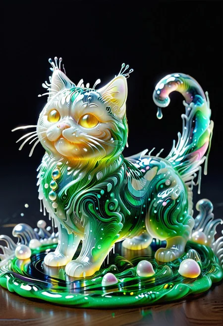 Sl1m3d, slime-morph cat, slime feathers, translucent, white and pearl slime, 
masterpiece, amazing quality, best quality, ultra-detailed, 8K, illustration, vivid colors, realistic, highly detailed, very aesthetic, 
dark background,