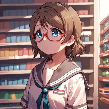 source_anime,score_9, score_8_up, score_7_up, solo focus, (solo), 1girl, love live, love live sunshine, you watanabe, blue eyes, brown hair, short hair, swept bangs, glasses, serafuku, school uniform, convenience store background,