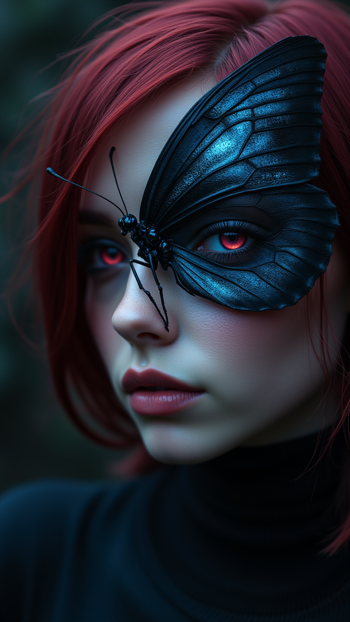 A Charred Blue Morpho Butterfly with a tiny Mechanical Legs and piercing dark pink eyes gazes intently at the camera, her Flipped hair Crimson hair blowing in the wind. aidmaMJ6.1