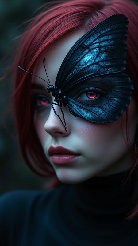 A Charred Blue Morpho Butterfly with a tiny Mechanical Legs and piercing dark pink eyes gazes intently at the camera, her Flipped hair Crimson hair blowing in the wind. aidmaMJ6.1