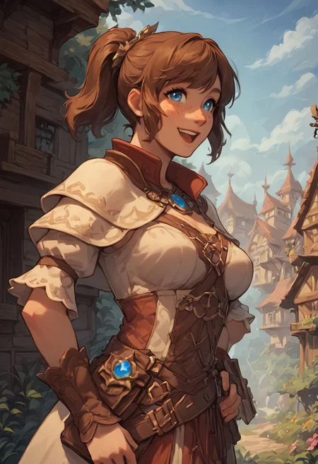 score_9, score_8_up, score_8_up, 1girl, sexy 20yo white caucasian girl, happy, smiling, friendly, girl standing, (((fantasy adventurer))), (brown hair), ponytail, bangs, sidelocks, short hair, freckles, blue eyes(medium breasts;1.3) narrow source comic book, pastel colors, high res image, masterpiece, fantasy town