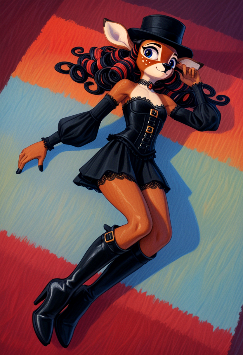 score_9, score_8_up, score_7_up, source_furry
-Character: (Anthro furry deer cute petite young), deer fur, (deer ass), deer tail, (small breasts), (sagging breasts:0.6), slender, (pale skin:0.8), black hair, long hair
-Character focus: (dynamic angle:1.2), sharp focus
-Style: cowboy shot, lying, undressing, Dark Romantic Goth Opulent Dark Romantic
-Jewelry: Gold or black chokers with large, dark gemstones, ornate rings, and dramatic drop earrings with intricate designs
-Upper body: Deep red velvet blouse with a high lace collar and puffed sleeves, layered under a black corset with elaborate detailing
-Lower body: Black skirt with layered tulle and lace, featuring a subtle dark red undertone
-Feet: Black lace-up boots with velvet accents or deep red high-heeled shoes
-Hairstyle: Long, loose curls with dark red highlights or soft curls
-Headwear: A small black hat with dark red feathers or a lace headband with a bow
-Additional accessories: A dark red silk shawl and a vintage-style black clutch, long sleeves, slim and slender body, sexy, dynamic pose, pin-up pose, very long hair
colored_outline, colored_stroke, rainbow_stroke, outline_thickness:0.5
ral-neotlns
vibrant color palette, high contrast, glowing outlines
<lora:uenomigi_XL:1>, <lora:Line-illustration:1>, lineart, <lora:Furryfication Slider_alpha1.0_rank4_noxattn_last:1>, <lora:ncpy13 style_a:1>, ncpy13 style, pastels drawing, <lora:d\EnvyImpressionismXL01:1>, impressionism