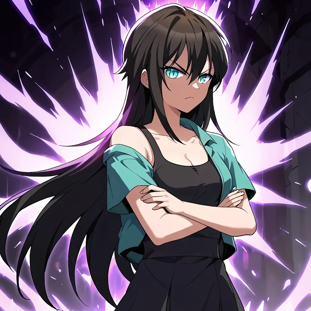 1girl, solo, rurin, long hair, black hair, aqua eyes, slit pupils, hair between eyes, bangs, collarbone, small breasts, cleavage, bare shoulders, dress, green jacket, open shirt, short sleeves, black dress, black tank top, looking at viewer, crossed arms, glaring, aura, glowing, purple aura,
score_9, score_8_up, score_7_up, masterpiece,
<lora:Rurin_r1:0.8>