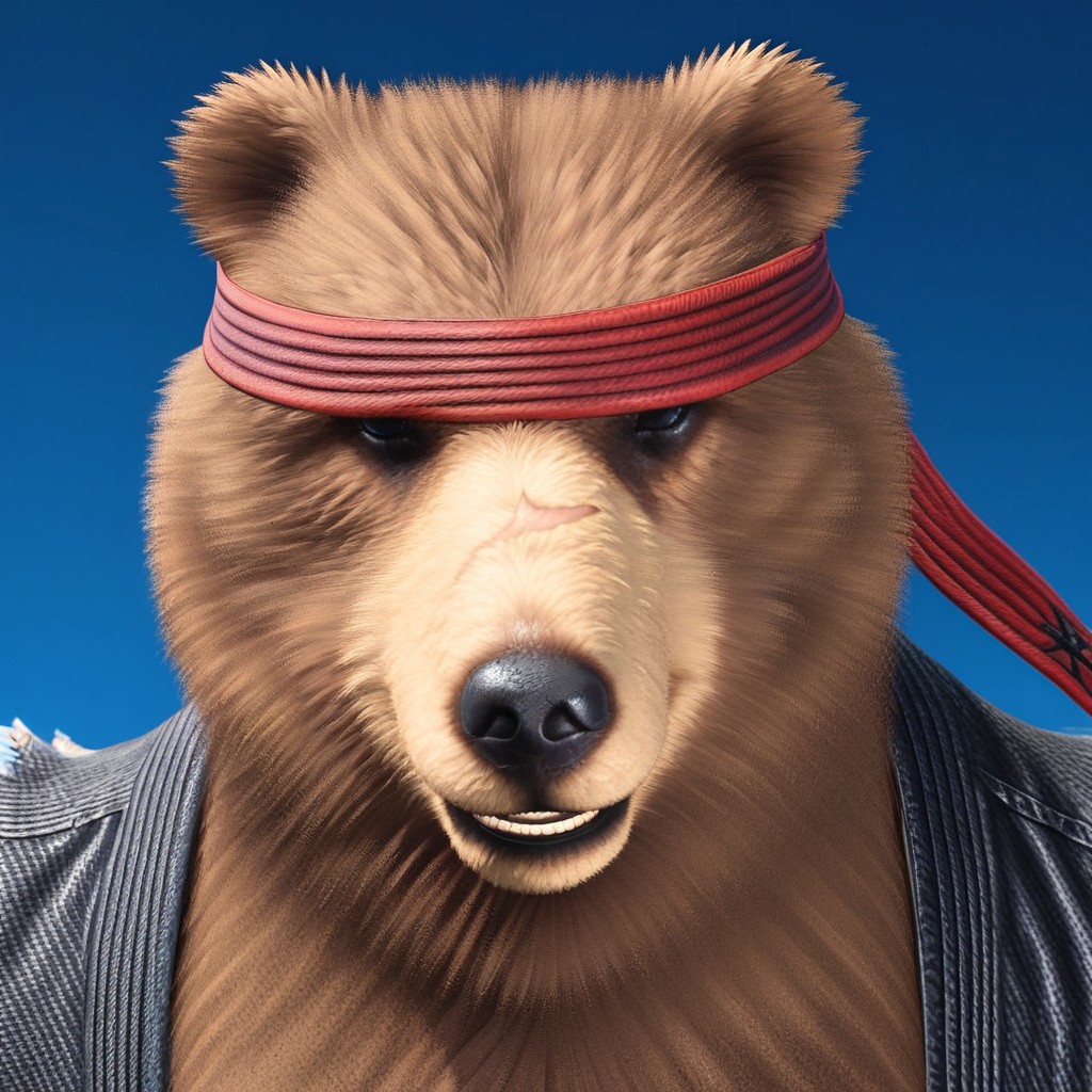 score_9, score_8_up, score_7_up, Expressiveh, masterpiece, best quality, highly detailed, realistic,  1boy, solo, (KumaTK, furry, anthro, bear, dark-brown eyes, black nose, nose scar, brown body, brown fur, red hairband, dark-grey gi top, martial arts uniform, vest, torn sleeves), upper body, close-up, ((blue background, simple background)), smile, looking at viewer, closed mouth, front view