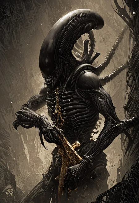 score_9, score_8_up, score_7_up, score_6_up, score_5_up, score_4_up,<lora:Fant5yP0ny:0.8>, xenomorphic creature from Lords of the Fallen, black templar armor, gold sword of Pieta, solo, gold eyes, blood on face, art by hr giger,