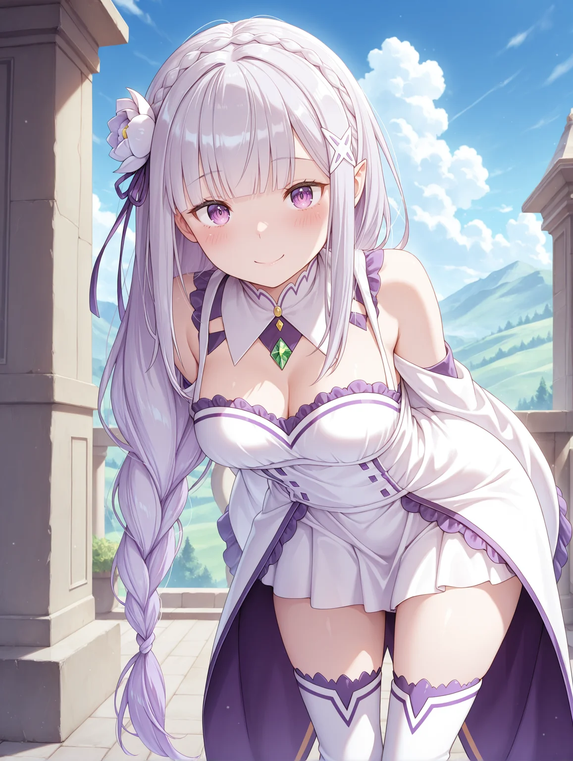 <lora:Emilia Illu:1>1girl, solo,
em1lia, pointy ears, purple eyes, grey hair, blunt bangs, long braid
emili4default, white dress, hair flower, x hair ornament, purple hair ribbon, crown braid, bare shoulders, detached sleeves, wide sleeves, frills, detached collar, green gem, white thigh boots,
standing, looking looking at viewer, arms behind back, leaning forward, smile, blush, thighs,
outdoors, blue sky, clouds,
<lora:cfg_scale_boost:1>, masterpiece, best quality, amazing quality