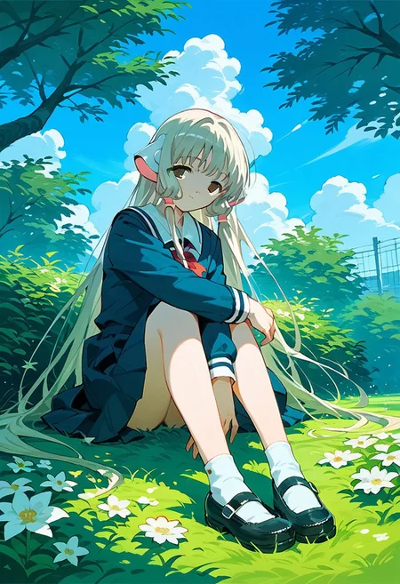 score_9,score_8_up,score_7_up,source_anime, Chii (Chobits),1girl,solo,long sleeves,dress,sitting,school uniform,full body,flower,outdoors,sky,shoes,socks,day,cloud,tree,grass,wind,mary janes,hugging own legs,