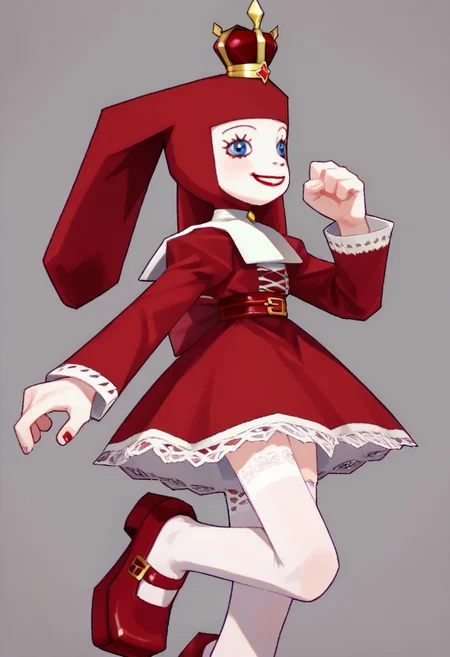score_9, score_8_up, score_7_up BREAK PriZuDDR, 1girl, red gold crown, red headdress, blue eyes, red lipstick, white collar, long-sleeved red dress, red belt, buckle, white lace trims, white frills, white petticoat, white stockings, red platform shoes,