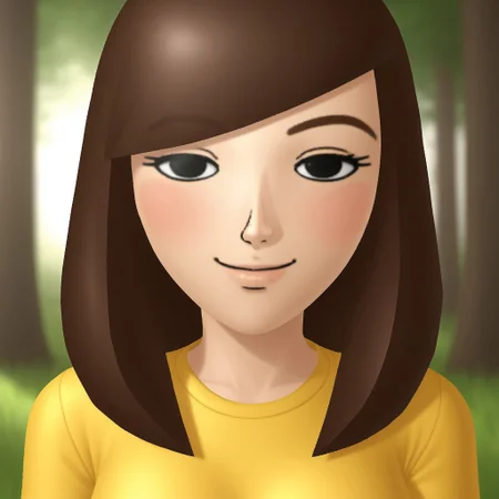 score_9, score_8, BREAK, solo, wii, mii, wii sports, 1girl, female mii, black eyes, brown hair, brown eyebrows, blush, yellow clothing, white pants, shoes, nintendo mii, modern_mii, classic_mii, breasts, Mizuho_(Wii_Sports), cute, sexy pose, smile, outdoors, sunlight, shadows, evening lighting, natural lighting, forest, trees, grass, orange sky, sunset