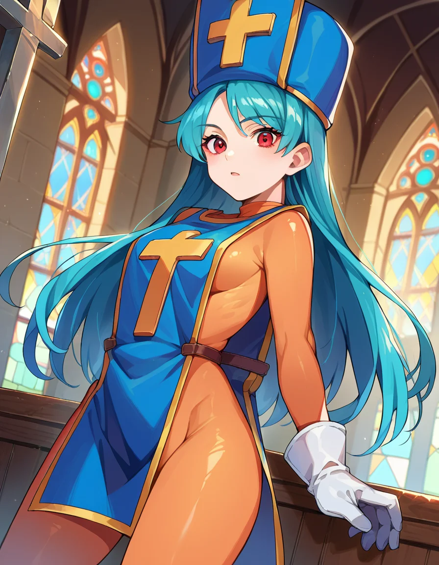 score_9, score_8_up, score_7_up, source_anime,
dqpriest, <lora:dq-priest-ponyxl-lora-nochekaiser:1>,
priest, aqua hair, blue hair, long hair, red eyes,
bodysuit, boots, cross, gloves, hat, mitre, orange bodysuit, tabard,
indoors, church,
looking at viewer, dutch angle, cowboy shot,