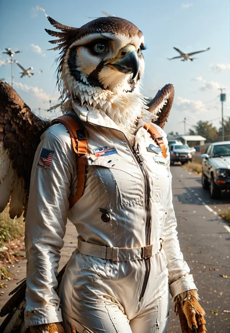 score_9, score_8_up, score_7_up, score_6_up, photorealistic, realism, female, ((((anthro)))), falcon, 1girl, furry, feathers, pilot outfit, score_9, score_8_up, score_7_up, score_6_up, BREAK 1girl, anthro, female, posing, wings