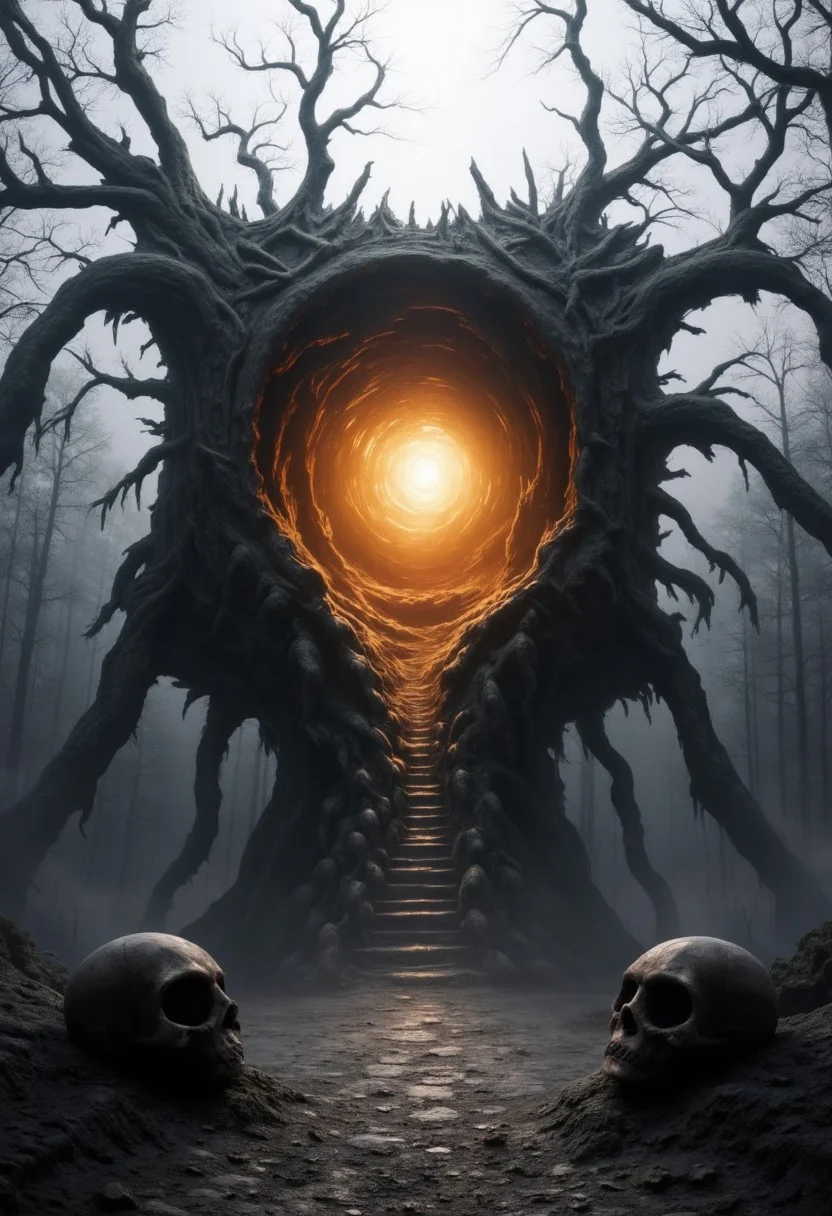 A colossal, ancient cube of petrified wood, its surface entwined with gnarled roots and organic tendrils, stands alone in a barren, mist-shrouded forest. At its core, a luminous, spiraling void pulses with eerie golden light, its tendrils of energy snaking outward like veins of living fire. The twisted trees around it stand as silent sentinels, their skeletal branches clawing at the overcast sky. In the foreground, two weathered, half-buried stones—eerily resembling skulls—bow toward the structure, as if in reverence or fear. The atmosphere is thick with an unnatural stillness, the ground cracked and lifeless. Faint embers of energy flicker within the portal’s depths, casting elongated, shifting shadows. The lighting is stark and moody, with the glowing vortex illuminating the cube’s textures and deep shadows stretching into the fog, evoking a sense of ancient mystery and forbidden power. Hyperdetailed textures, atmospheric mist, and cinematic contrast enhance the surreal, otherworldly presence of this enigmatic monolith.