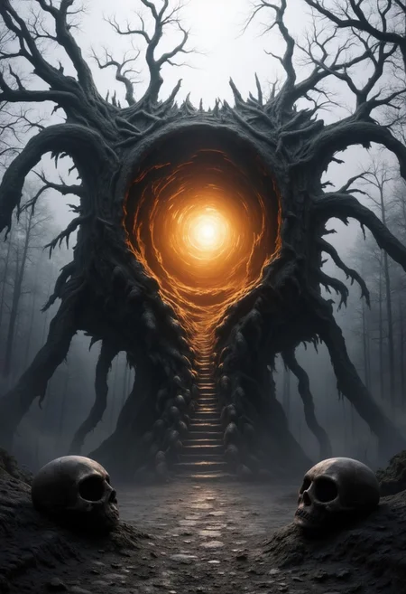 A colossal, ancient cube of petrified wood, its surface entwined with gnarled roots and organic tendrils, stands alone in a barren, mist-shrouded forest. At its core, a luminous, spiraling void pulses with eerie golden light, its tendrils of energy snaking outward like veins of living fire. The twisted trees around it stand as silent sentinels, their skeletal branches clawing at the overcast sky. In the foreground, two weathered, half-buried stones—eerily resembling skulls—bow toward the structure, as if in reverence or fear. The atmosphere is thick with an unnatural stillness, the ground cracked and lifeless. Faint embers of energy flicker within the portal’s depths, casting elongated, shifting shadows. The lighting is stark and moody, with the glowing vortex illuminating the cube’s textures and deep shadows stretching into the fog, evoking a sense of ancient mystery and forbidden power. Hyperdetailed textures, atmospheric mist, and cinematic contrast enhance the surreal, otherworldly presence of this enigmatic monolith.