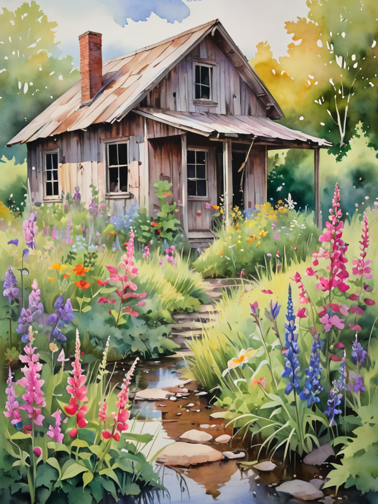 In this evocative watercolor scene, the abandoned shack is unexpectedly adorned with a wildflower garden, its untamed beauty encircling the structure like a vibrant embrace. The soft, watery hues of the flowersâranging from the delicate pinks of wild roses to the deep purples of lupinesâcreate a contrast against the shack's weathered grays and earthy browns. This garden, a riot of color amidst the greens of the surrounding wilderness, whispers stories of resilience and rebirth. The fluidity of watercolors perfectly captures the ephemeral nature of the blooms, with each petal and leaf blending seamlessly into the next, creating a dreamlike quality. Light washes of green suggest the lushness of the grass, interspersed with the vivid colors of the garden, while the nearby stream mirrors the sky's soft pastels. In this painting, the emphasis is on the juxtaposition of decay and growth, highlighting the beauty that thrives in abandonment, all rendered in the luminous, transparent layers that only watercolors can achieve