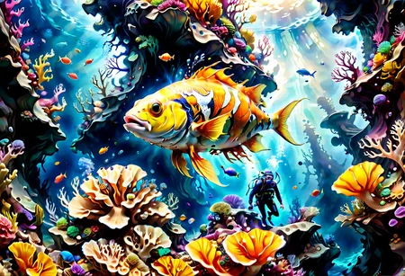 high contrast, lively colors, highest quality,masterpiece, 4K HD,vibrant colors ,wide angle, cinematic, realistic, hyper detailed,Extremely high-resolution details, photographic, realism pushed to extreme, fine texture, incredibly lifelike,sharp, colorful
hyperkraximalism,
a diver descends into the ocean abyss, wide angle , reefs, fish