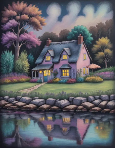 <lora:003_novuschromaSXL_a6:1> novuschroma style chalk pastels drawing of cottage by the water