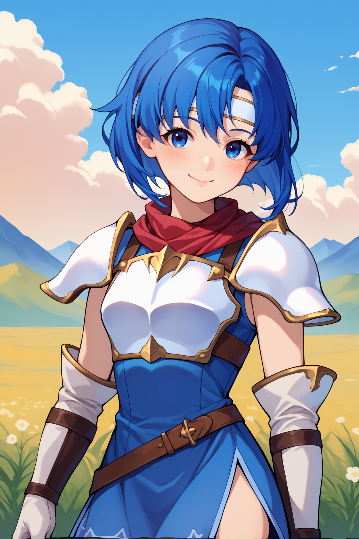 score_9, score_8_up, score_7_up, score_6_up, source_anime, 1girl, solo,  <lora:fecatria-pdxl-nvwls-v1-000006:1> dfCtra, blue hair, medium hair, blue eyes, white headband, white armor, breastplate, sleeveless dress, blue dress, shoulder armor, red scarf, brown belt, long gloves, white gloves, blue thigh boots, looking at you, blue sky, mountains, field, clouds, upper body, portrait, smile, happy, closed mouth, blush