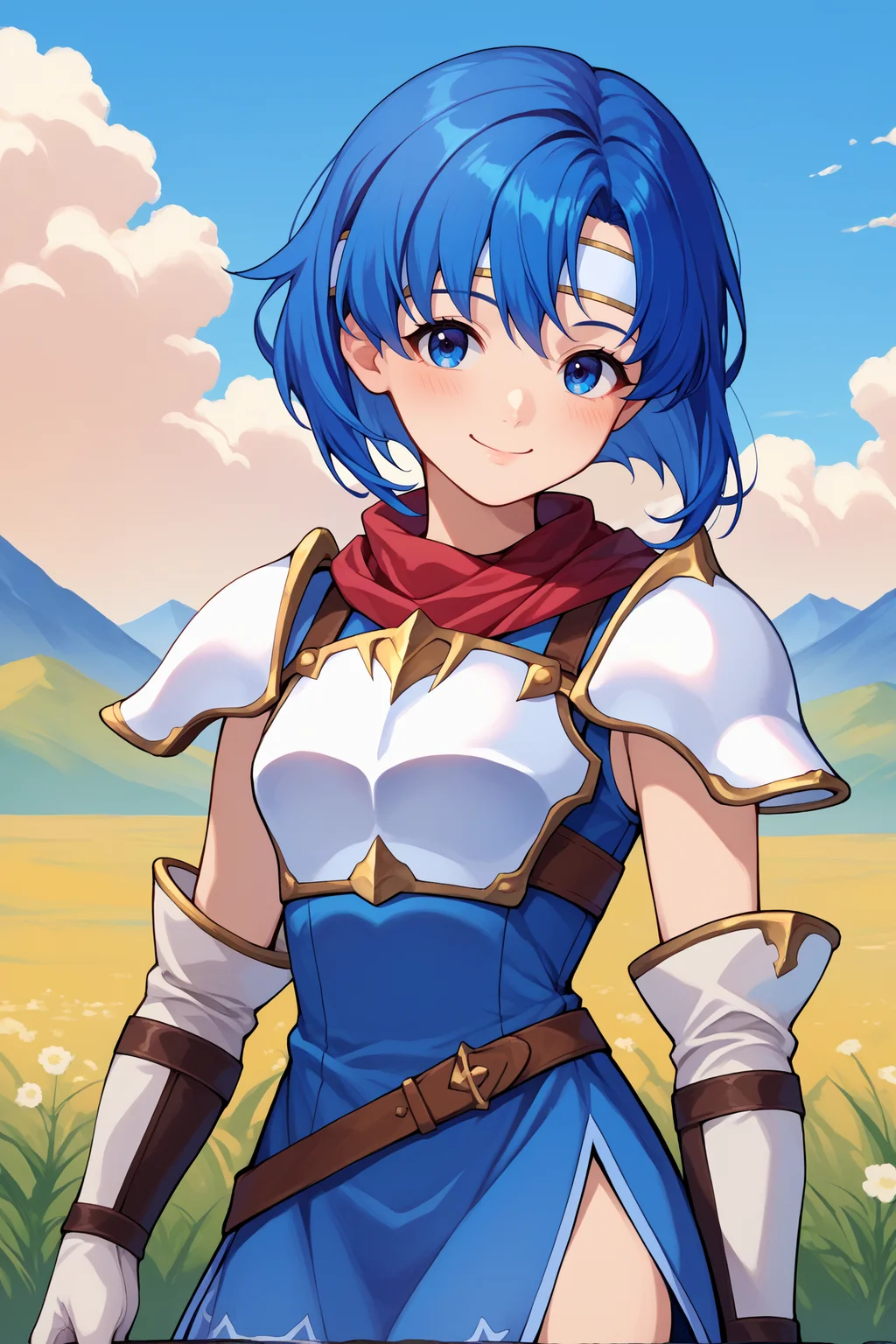 score_9, score_8_up, score_7_up, score_6_up, source_anime, 1girl, solo, <lora:fecatria-pdxl-nvwls-v1-000006:1> dfCtra, blue hair, medium hair, blue eyes, white headband, white armor, breastplate, sleeveless dress, blue dress, shoulder armor, red scarf, brown belt, long gloves, white gloves, blue thigh boots, looking at you, blue sky, mountains, field, clouds, upper body, portrait, smile, happy, closed mouth, blush