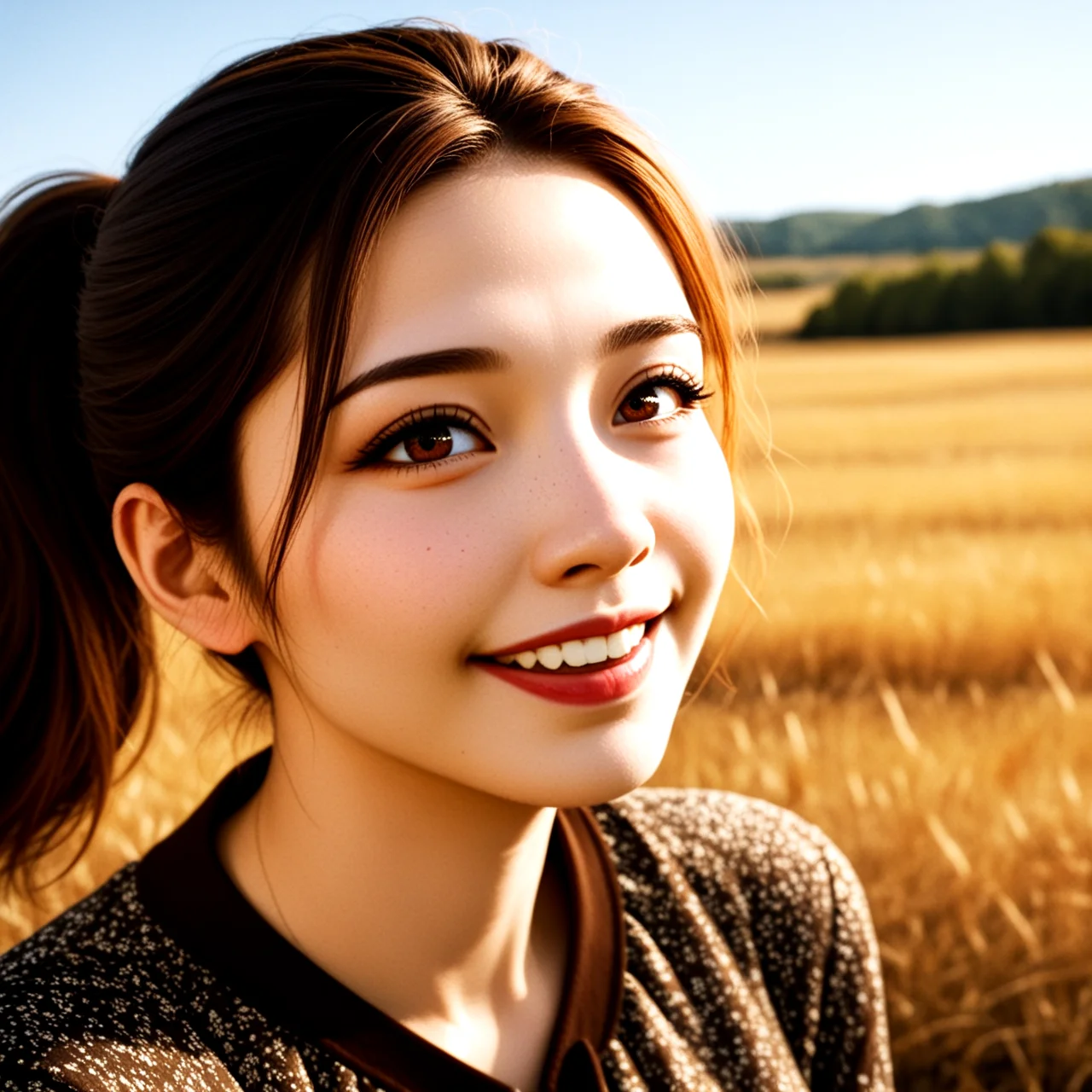 beautiful lady, big smile, brown hazel eyes, Ponytail, hyperdetailed photography, soft light, head and shoulders portrait, long sleeves, (freckles:0.1), (dirty skin:0.1), (dark makeup:0.2), (cheek:0.2), sky, day, outdoors, (cinematic lighting:0.3),
vintage film effect, depth of field