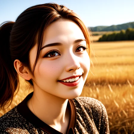 beautiful lady, big smile, brown hazel eyes, Ponytail, hyperdetailed photography, soft light, head and shoulders portrait, long sleeves, (freckles:0.1), (dirty skin:0.1), (dark makeup:0.2), (cheek:0.2), sky, day, outdoors, (cinematic lighting:0.3),
vintage film effect, depth of field