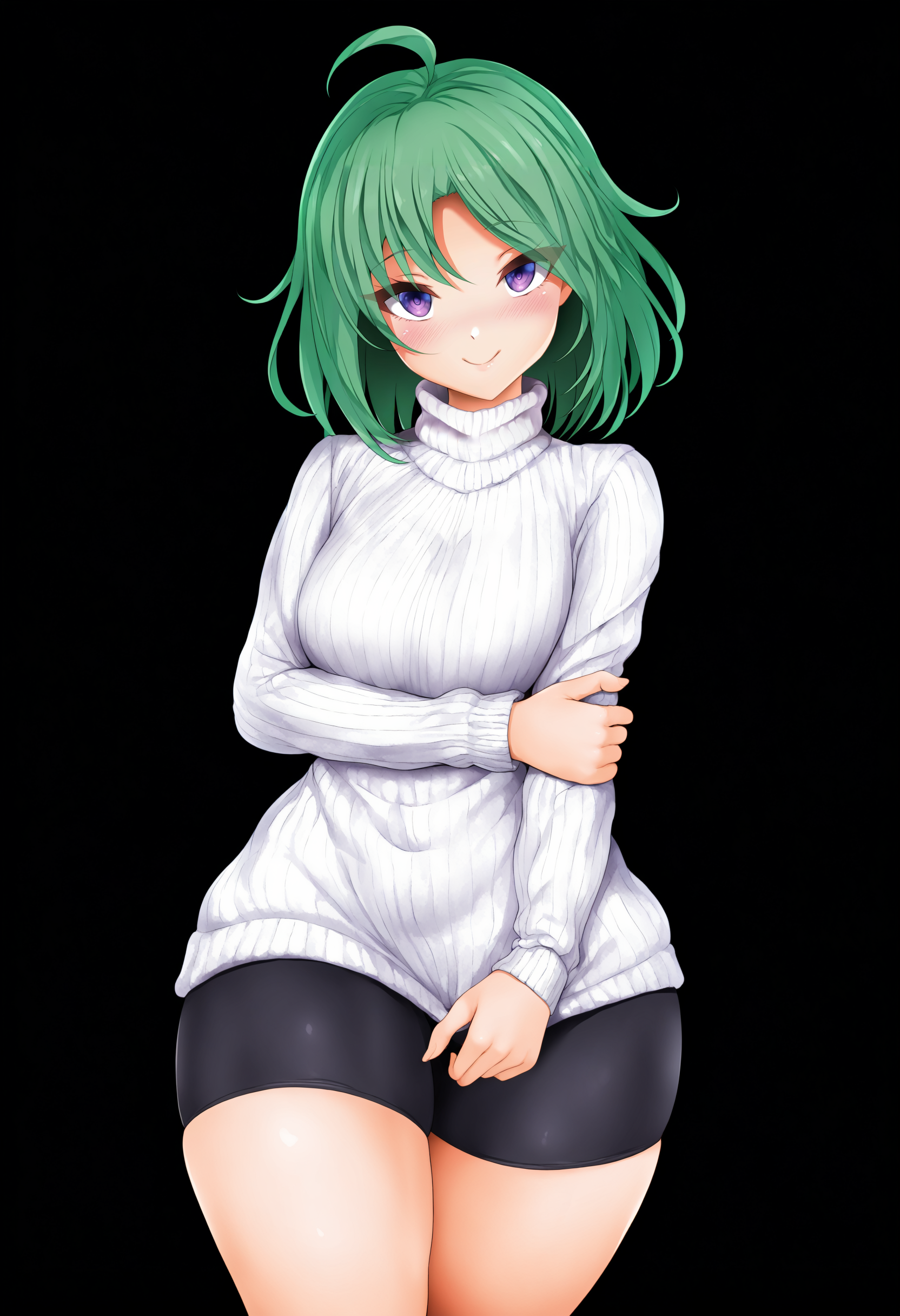 masterpiece, best quality, 1girl,
solo, small breasts, wide hips, thick thighs, shorts, curvy, shiny clothes, turtleneck sweater, green hair, cowboy shot, turtleneck, blush, purple eyes, medium hair, ribbed sweater, smile, white sweater, closed mouth, thighs, breasts, open mouth, bike shorts, black background, arm under breasts, eyes visible through hair, looking at viewer, standing, hand on own arm, ahoge, long sleeves    <lora:blastbeat:1>