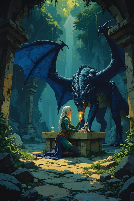At the foot of a stone altar deep within a forgotten forest temple, an elven priestess with silver hair and glowing, emerald eyes kneels beside a wounded dragon, her hands glowing softly as she mends its broken wings. The dragon, its scales a deep sapphire blue, breathes heavily, its great body curled around the altar as it watches her with weary, ancient eyes. The temple, overgrown with ivy and moss, is bathed in the soft glow of twilight, shafts of light filtering through the broken ceiling and illuminating the priestessâs pale, serene face. The air is filled with the soft hum of ancient magic, as the priestess chants a healing incantation, her voice calm and filled with compassion. The dragon's scales shimmer faintly as the magic takes hold, knitting together the torn flesh and mending its wings, though its strength is still fragile. As her hands move, gentle and precise, the priestess whispers words of forgiveness to the wounded creature, her heart filled with empathy for the beast that once terrorized her people. The scene is one of quiet, sacred mercy, where healing transcends the bonds of fear and hate.,in the style of cksc,anime, cyberpunk, DB4RZ, DB4RZ style painting <lora:CPA:0.5><lora:FLUX-daubrez-DB4RZ:0.3><lora:Luminous_Shadowscape-000016:0.3><lora:ck-shadow-circuit-000021:0.35>