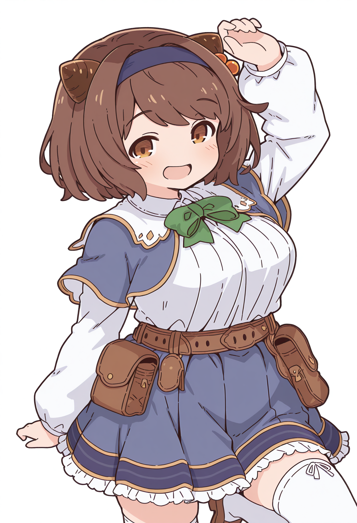 highres, best quality, masterpiece, white background,
amsrsty, flat colors, jaggy lines,
1girl, solo, gbfyaia, brown hair, short hair, hairband, draph, brown eyes, large breasts,
yaiadef, blue hairband, hair bobbles, blue capelet, white shirt, white sleeves, long sleeves, green bowtie, belt, pouch, blue skirt, white thighhighs,
looking at viewer, blush, smile, open mouth, 
standing, arm up, knee up,
<lora:_amakara_surume-sty-elesico-ilxlB-000049:1> 
<lora:_yaia_gbf-elesico-ilxl:1>