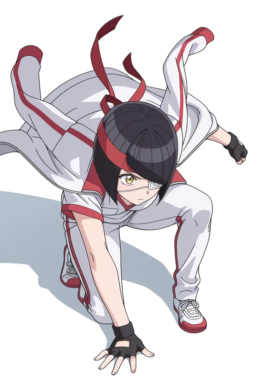 Smooth Quality,masterpiece,very intricate, high quality details, ultra realistic, high detailed skin,detailed enviorement,
simple background, white background, determined,
on one knee, 
 <lora:Nakanaka_Omoharu_cnn:0.8> nakanakaomoharucnn, 1girl,black hair, short hair, bangs, bob cut, yellow eyes, eyepatch,
gym uniform, track jacket,white shirt,  jacket on shoulders, fingerless gloves, pants,red headband,