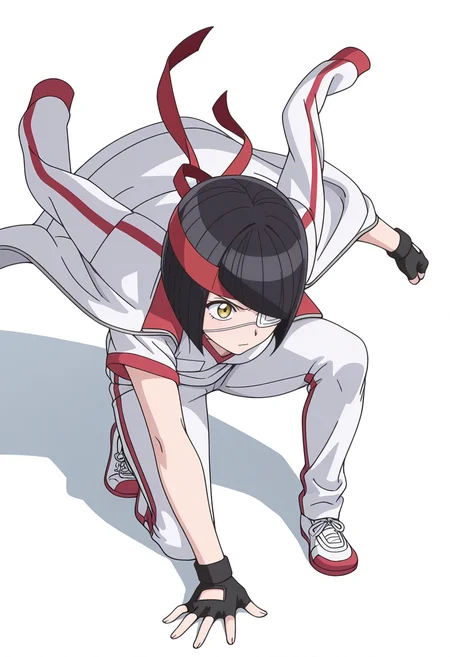 Smooth Quality,masterpiece,very intricate, high quality details, ultra realistic, high detailed skin,detailed enviorement,
simple background, white background, determined,
on one knee, 
 <lora:Nakanaka_Omoharu_cnn:0.8> nakanakaomoharucnn, 1girl,black hair, short hair, bangs, bob cut, yellow eyes, eyepatch,
gym uniform, track jacket,white shirt,  jacket on shoulders, fingerless gloves, pants,red headband,