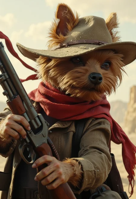 This is a digital artwork in the style of ckgr Anthropomorphic yorkshire terrier allab in a high-speed horse chase, wearing a red scarf, a dust-covered cowboy hat, and gripping a shotgun. Dust kicks up behind it. Highly detailed, realistic textures, western theme, cowboy, gunslinger, action shot.
 <lora:ral-anthropomorphic-flux:1>
