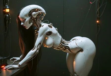 high quality, best quality, ultra-detailed, very aesthetic, source_realistic, 1girl, solo, Long black hair, swept bangs, curtained hair, dark brown eyes, dark makeup, cat eyeliner, red lipstick, beautiful lips, red long nails, very pale skin, curvy, medium breasts, thick thighs, round ass, dynamic pose, pinup pose, dim light, (sci-fi, perfect anatomy, android girl, erotic pose, reelmech, mechanical parts, cable, wires, machinery, joints, mecha, (medium breasts), ((fat ass, thick thighs, small waist)), high-contrast setting, alien android, flowing black hair, very long hair, dark moody dramatic background, glowing red, spaceship cockpit, galaxy, space, stars, planets, bright colors contrasted against dark background, (red neon glow) from consoles and screens, bright led lights, buttons, switches, (charging), conduit, bending forward, using console, glowneon, mechanical high heels), ultra-definition, fine details, high resolution, 8K wallpaper, perfect dynamic composition, (((tighs to head focus))), raw, photo, realistic