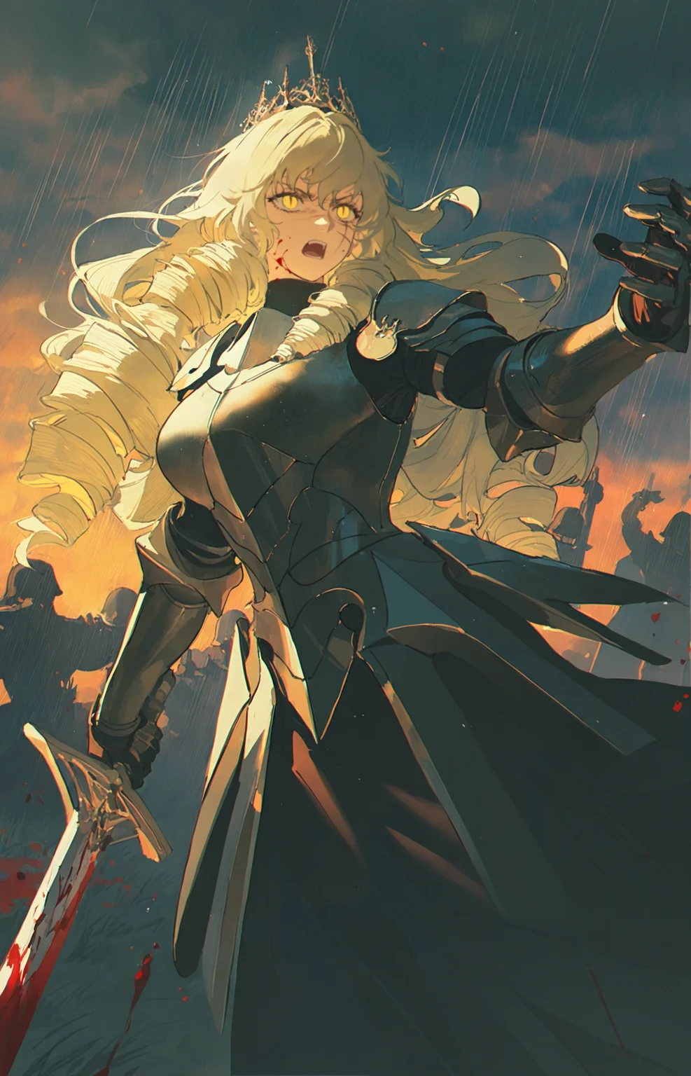 void 0, rella, john kafka, z3zz4, rei \(sanbonzakura\),
1girl,mature female,tall female,blonde hair,long hair,wavy hair, drill hair, yellow eyes,muscular,medium breasts,frown, angry, shouting, open mouth,slit pupils, crown,armored dress,full armor,pauldrons,gauntlets,greatsword,holding sword,multiple scars,scar across eye,scar on face,blood on face, blood on weapon, blood splatter, incoming attack, spiky armor,
looking ahead,
grasslands, battlefield, smoke, pile of corpses, raining, water, cloudy sky, embers, night,
multiple soldier, fighting,, masterpiece, best quality, amazing quality, very aesthetic, absurdres, best quality, newest,