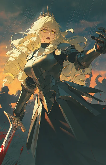 void 0, rella, john kafka, z3zz4, rei \(sanbonzakura\),
1girl,mature female,tall female,blonde hair,long hair,wavy hair, drill hair, yellow eyes,muscular,medium breasts,frown, angry, shouting, open mouth,slit pupils, crown,armored dress,full armor,pauldrons,gauntlets,greatsword,holding sword,multiple scars,scar across eye,scar on face,blood on face, blood on weapon, blood splatter, incoming attack, spiky armor,
looking ahead,
grasslands, battlefield, smoke, pile of corpses, raining, water, cloudy sky, embers, night,
multiple soldier, fighting,, masterpiece, best quality, amazing quality, very aesthetic, absurdres, best quality, newest,