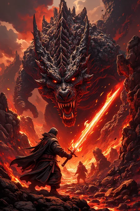 This image depicts a dramatic and fantastical scene featuring a menacing, colossal dragon facing off against a cloaked figure wielding a glowing red sword. The dragon is depicted with dark scales, fierce eyes, and sharp teeth, exuding an aura of immense power and aggression.
The setting appears to be a volcanic or hellish landscape, characterized by rocky terrain and a fiery atmosphere, suggesting intense heat and danger. The sky is filled with ominous clouds tinged with red hues from the surrounding flames and lava flows.
The overall tone of the image is one of epic confrontation and high fantasy, evoking themes of heroism, battle, and mythical creatures. The artwork showcases detailed textures and dynamic lighting that enhance the dramatic tension between the dragon and its opponent.