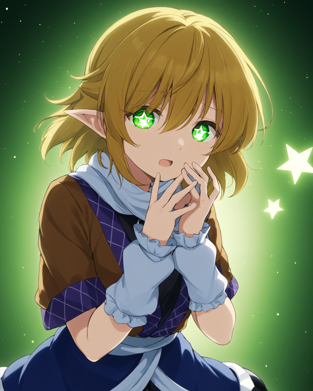 mizuhashi parsee,1girl, solo, white_scarf, looking_at_viewer, hand_over_eye, short_sleeves, black_skirt, one_eye_covered, arm_warmers, shirt, brown_jacket, bright_pupils, covering_one_eye, hand_on_own_face, hair_over_one_eye, glowing, open_mouth, cowboy_shot, feet_out_of_frame, standing
<lora:mizuhashi_parsee_image5693_2023-12-17-000005:1>,star-shaped_pupils,symbol-shaped_pupils,. gorgeous,key visual, vibrant, studio anime,award-winning, professional, highly detailed,high budget, cinemascope
