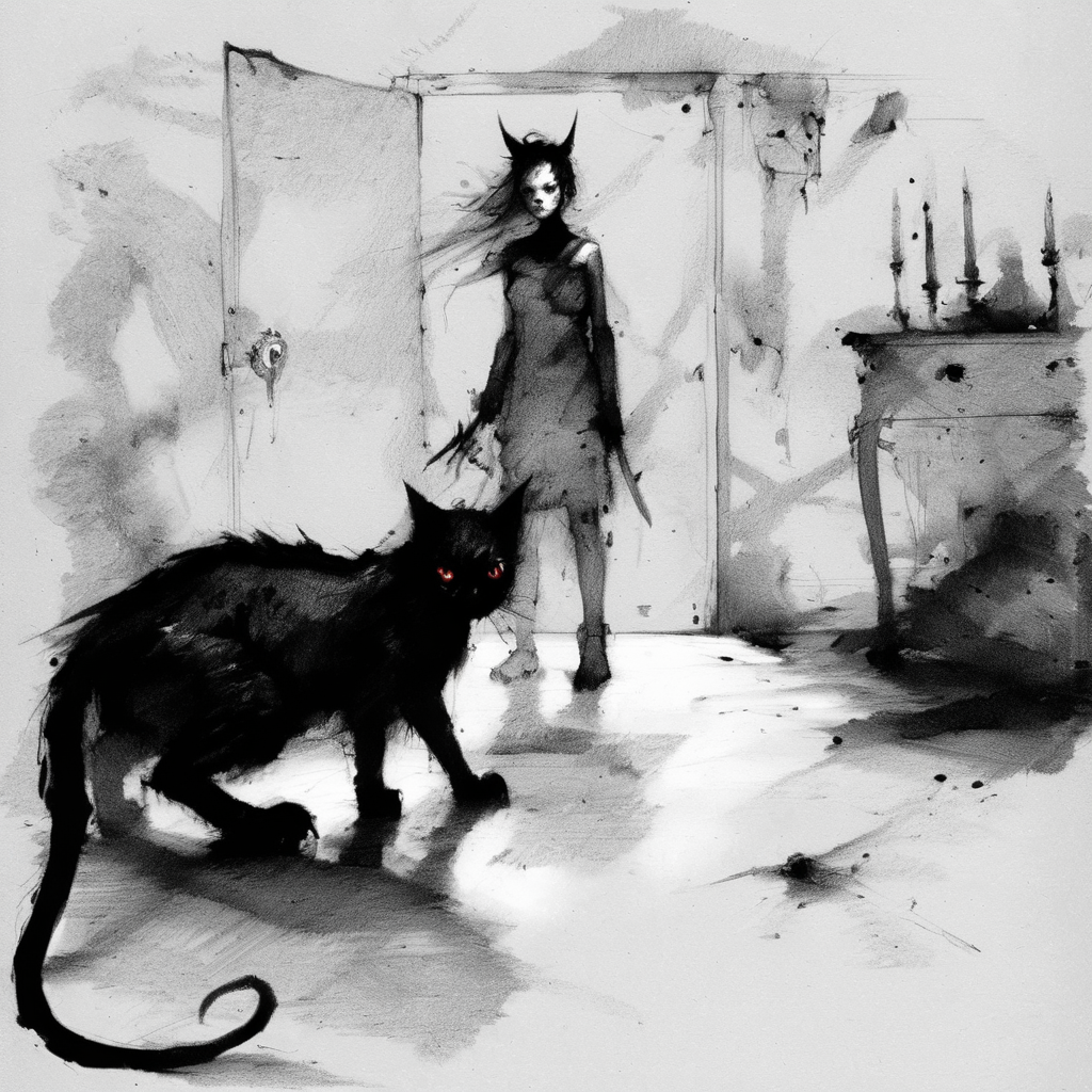 drawix8 girl with a black kitten in the demon room, claustrophobic, disturbing, dark, unusual expressive shot <lora:drawix8:1>