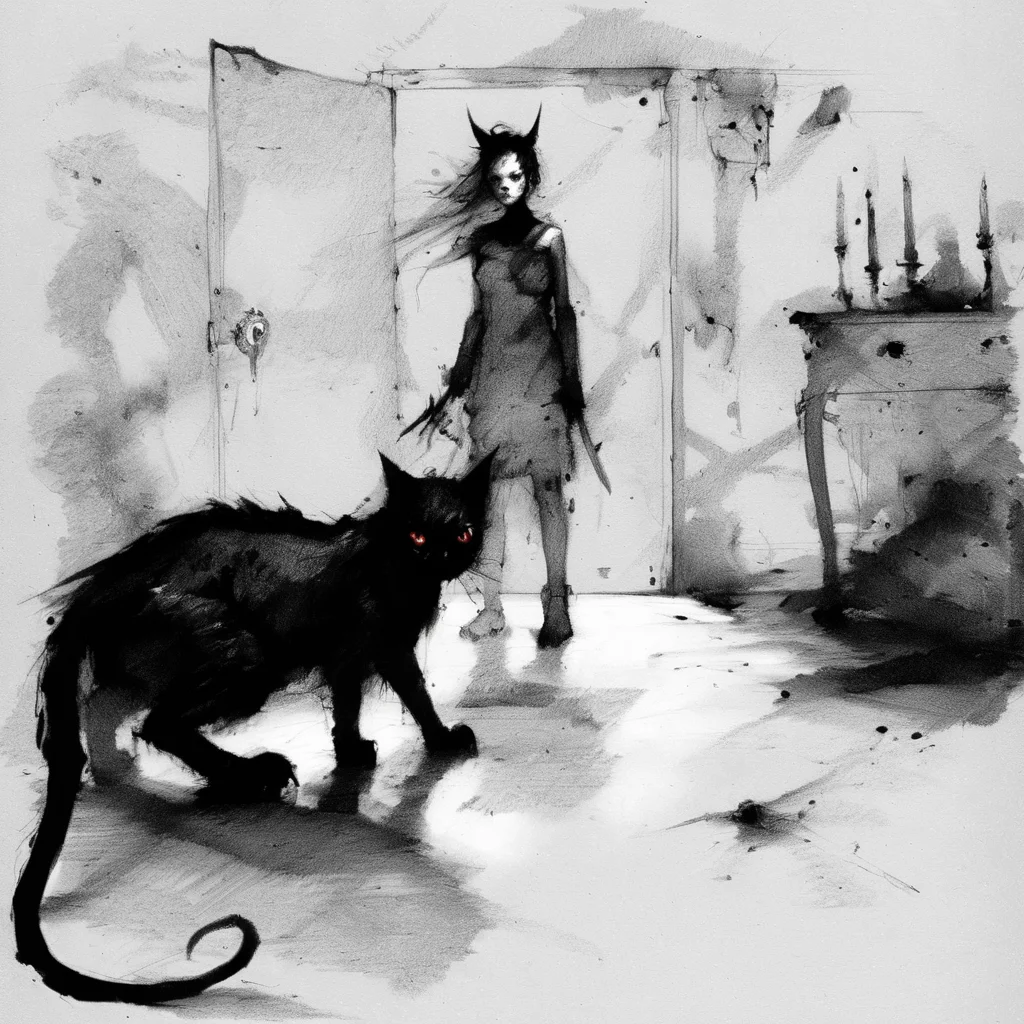 drawix8 girl with a black kitten in the demon room, claustrophobic, disturbing, dark, unusual expressive shot <lora:drawix8:1>