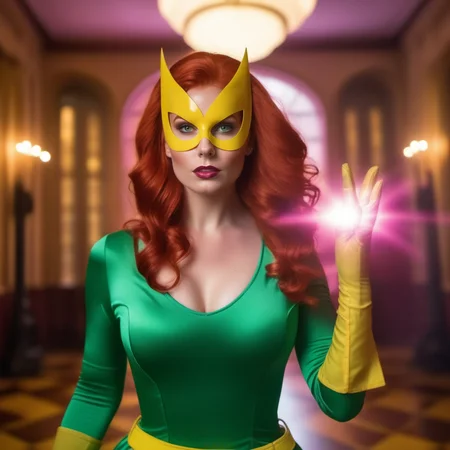 cinematic film still a full body redhead woman wears a green dress and a yellow mask and yellow highboots, powerfull superhero, casting a powerfull spell, dramatic pink ball lightning from hands, old mansion background <lora:MarvelGirl1024:0.8> . shallow depth of field, vignette, highly detailed, high budget, bokeh, cinemascope, moody, epic, gorgeous, film grain, grainy
