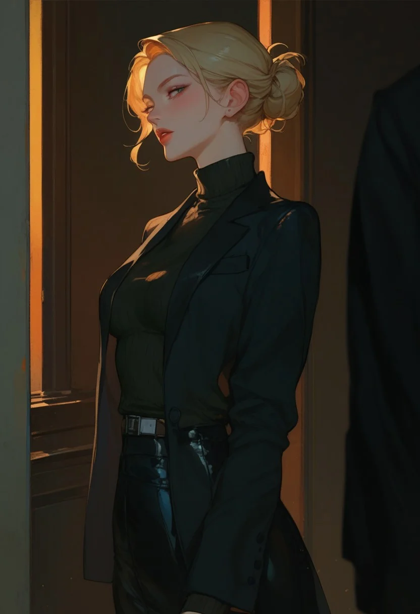 score_9, score_8_up, score_7_up, score_6_up, score_5_up, score_4_up, turtleneck sweater, black sweater, pale skin, semi-realism, medium breasts, tight clothes, dark narrow corridor, black latex gloves, formal suit, black suits, blonde hair, great artist, 8k, black formal jacket, shadows,