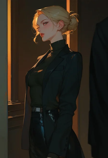 score_9, score_8_up, score_7_up, score_6_up, score_5_up, score_4_up, turtleneck sweater, black sweater, pale skin, semi-realism, medium breasts, tight clothes, dark narrow corridor, black latex gloves, formal suit, black suits, blonde hair, great artist, 8k, black formal jacket, shadows,