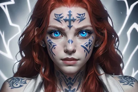 bright red hair, human female, (feminine:1.7), (beautiful face, detailed face:1.6), (beautiful eyes, detailed eyes:1.7), (looking at viewer, eye contact, intense:1.6), (long hair, red hair, curly hair:1.3), , ((masterpiece, best quality, high resolution, realistic, best quality,)), photo realistic, Perfect Face, (detailed face). <lora:GoodHands-vanilla:0.6> <lora:add-detail-xl:0.8>, mage, (Dress White military uniform coat), dagger, rune dagger, glowing runes, , (((glowing magic symbols tattoos, religious tattoos))), ((face tattoos)), glowing tattoos, stone tower in the background