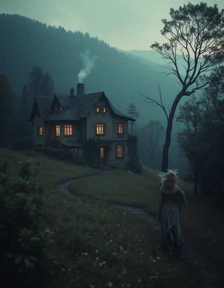 An old haunting colorized photograph of l'ancien cottage on a hill in the pyrenees foothills, as seen from a safe distance from the woods.  The historical documentary photograph was expertly composed.  The house windows are warmly lit and a faint smoke is seen rising from the chimney.  It seems isolated and hard to access, centered and far away.  A pastoral scene in the foreground is broken up through the ascending landscape by trees.  A siren shepherdess woman is seen in the distance from behind, her hair and petticoat blow in the wind showing more leg than was appropriate at the time.  There is a dangerous and wild vibe to the picture.  Shadows are long and eerie at twilight, but the long exposure enhances the incredible beauty of the scene
 <lora:FluxDFaeTasticDetails:1>