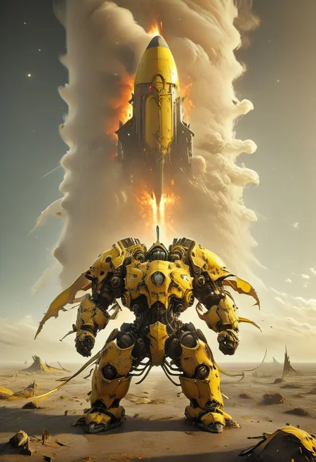magictutchurch, vibrant colorful anime sketch by herg, amazing quality, masterpiece, best quality, hyper detailed, ultra detailed, majestic, awesome, inspiring, closeup of a planets surface, a giant decaying rotten abandonded Dreadnought mech drdnght machine Wielding sword, standing on it, standing in a desolate sci-fi megacity barely visible at the yellow Planets surface under a curtain of clouds, burning rockets flying through Atmosphere, large scale explosions, atmospheric haze, atmospheric lighting, cinamatic composition, soft shadows,