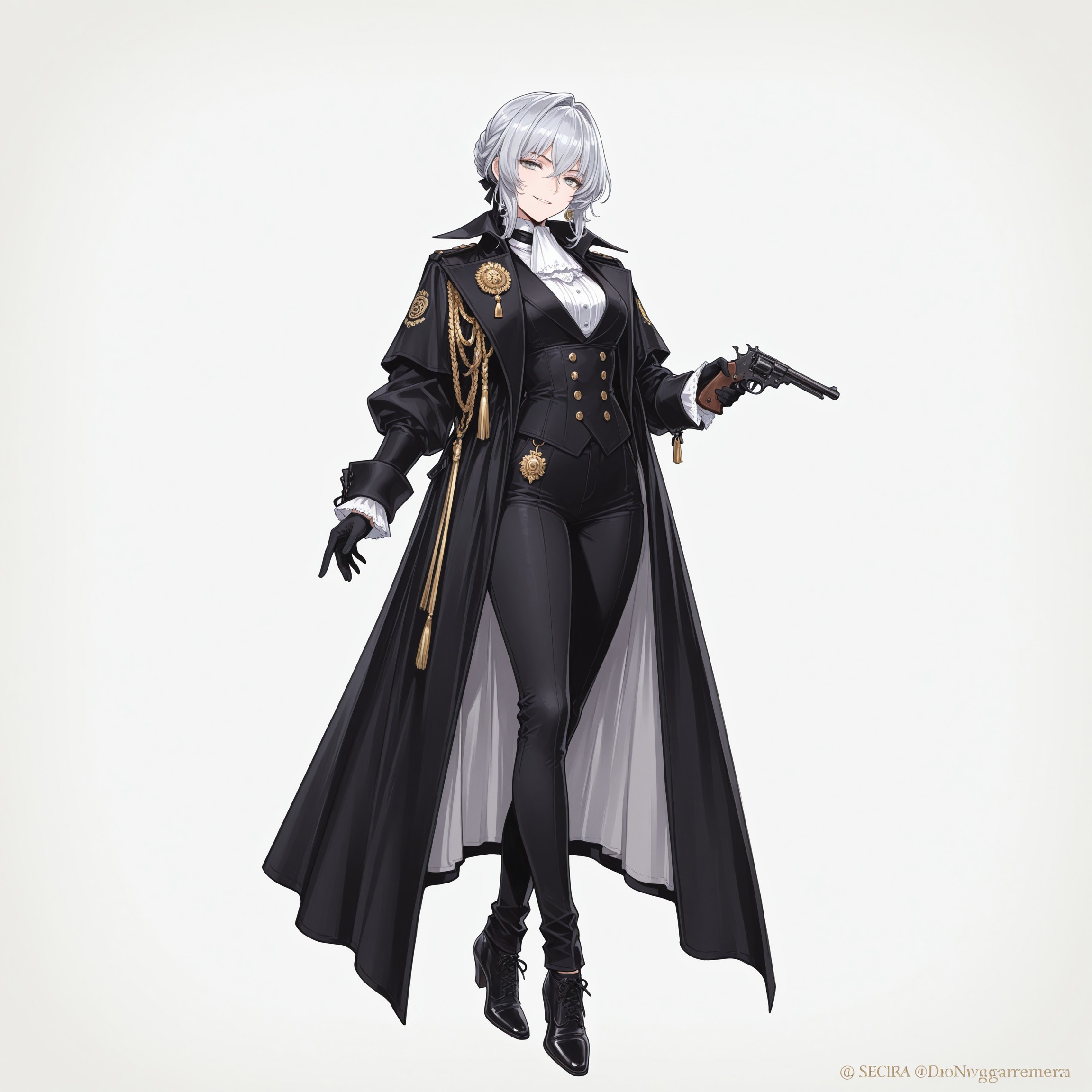 ww1era, victorianera, 18cera, alone, solo, full body,  simple background, white background, no background, 1woman, young woman, light gray eyes, silver hair, short hairstyle, smirk, white shirt, black coat, black gloves, black jeans, luxurious shoes, standing pose, mauser pistol, secret service, special agent, gold badge, russian
<lora:RavenScript :1>