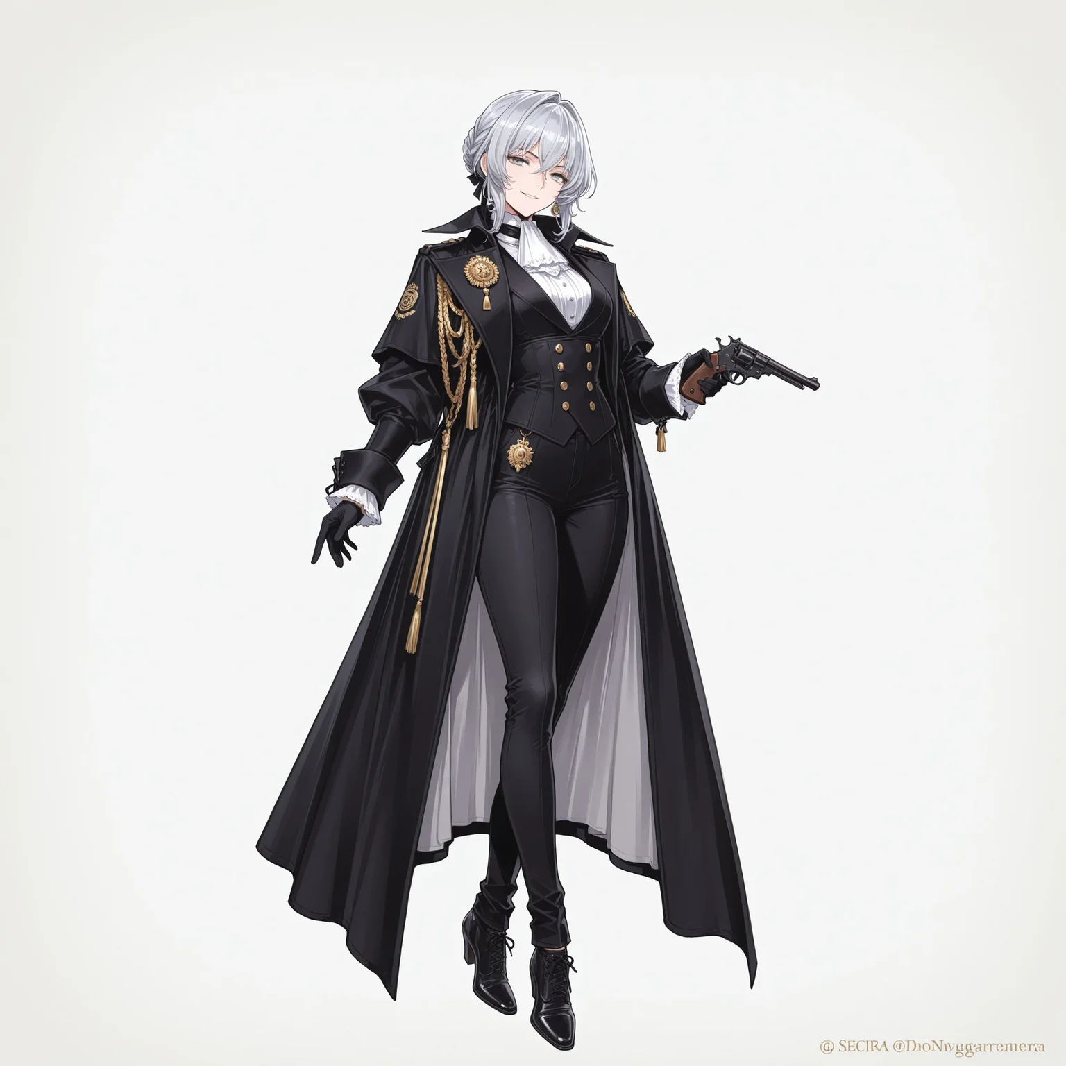 ww1era, victorianera, 18cera, alone, solo, full body, simple background, white background, no background, 1woman, young woman, light gray eyes, silver hair, short hairstyle, smirk, white shirt, black coat, black gloves, black jeans, luxurious shoes, standing pose, mauser pistol, secret service, special agent, gold badge, russian
<lora:RavenScript :1>