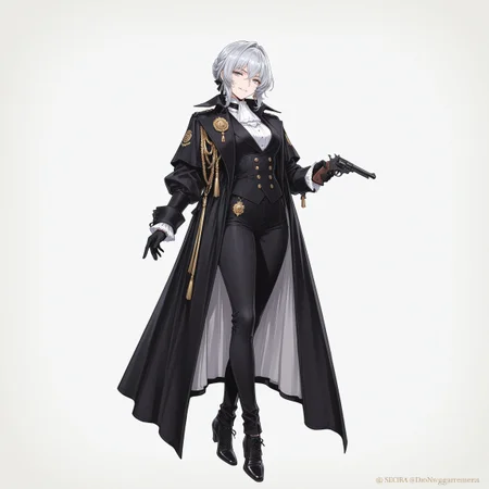 ww1era, victorianera, 18cera, alone, solo, full body, simple background, white background, no background, 1woman, young woman, light gray eyes, silver hair, short hairstyle, smirk, white shirt, black coat, black gloves, black jeans, luxurious shoes, standing pose, mauser pistol, secret service, special agent, gold badge, russian
<lora:RavenScript :1>